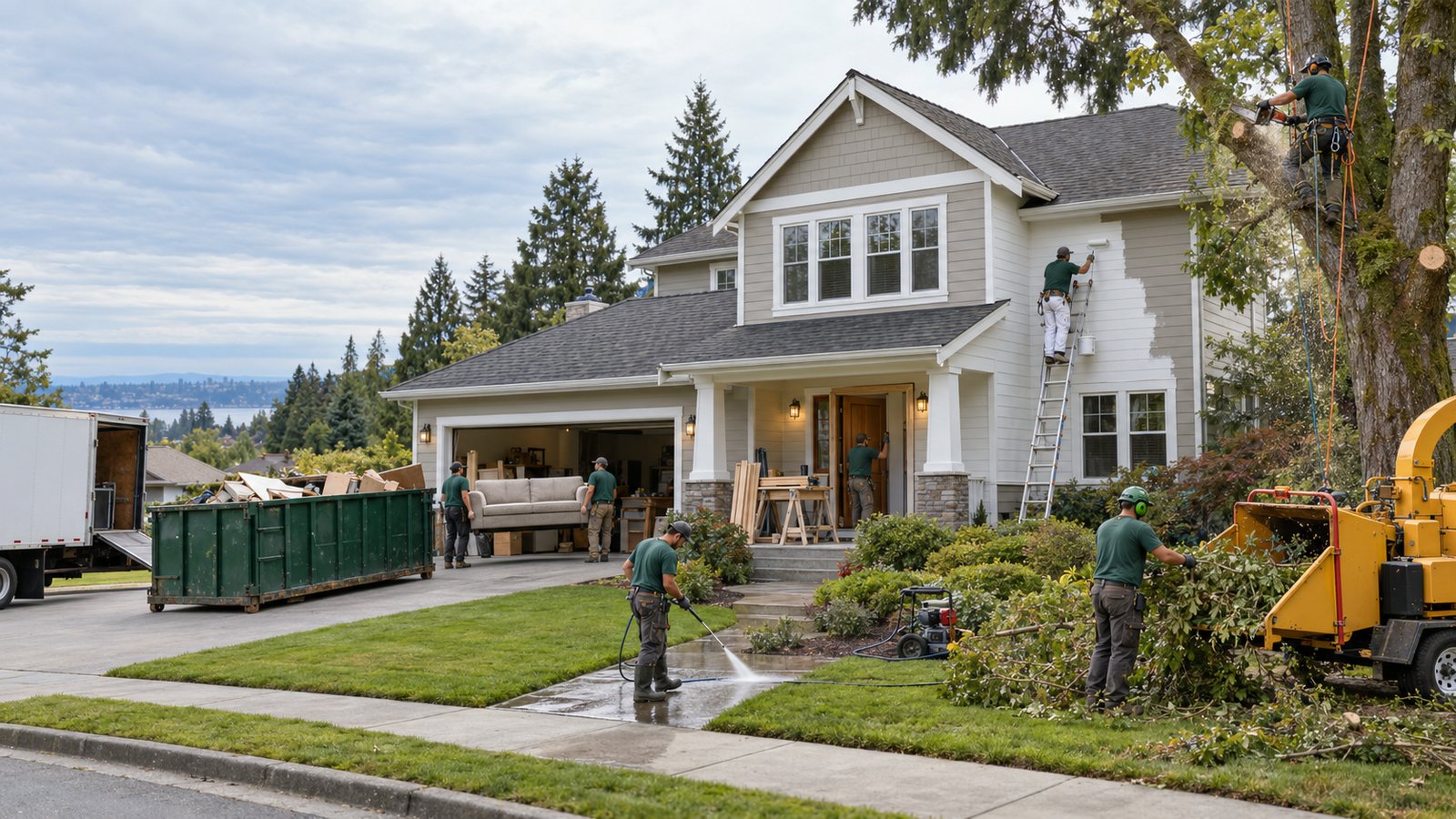 Crews working on one home at the same time: tree removal, exterior painting, a roll-off dumpster, junk removal, pressure washing and a new front door