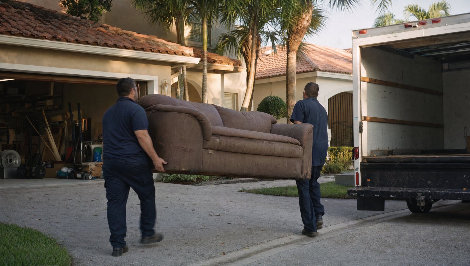Two-man crew carrying an old sofa from a garage to a box truck at a South Florida home
