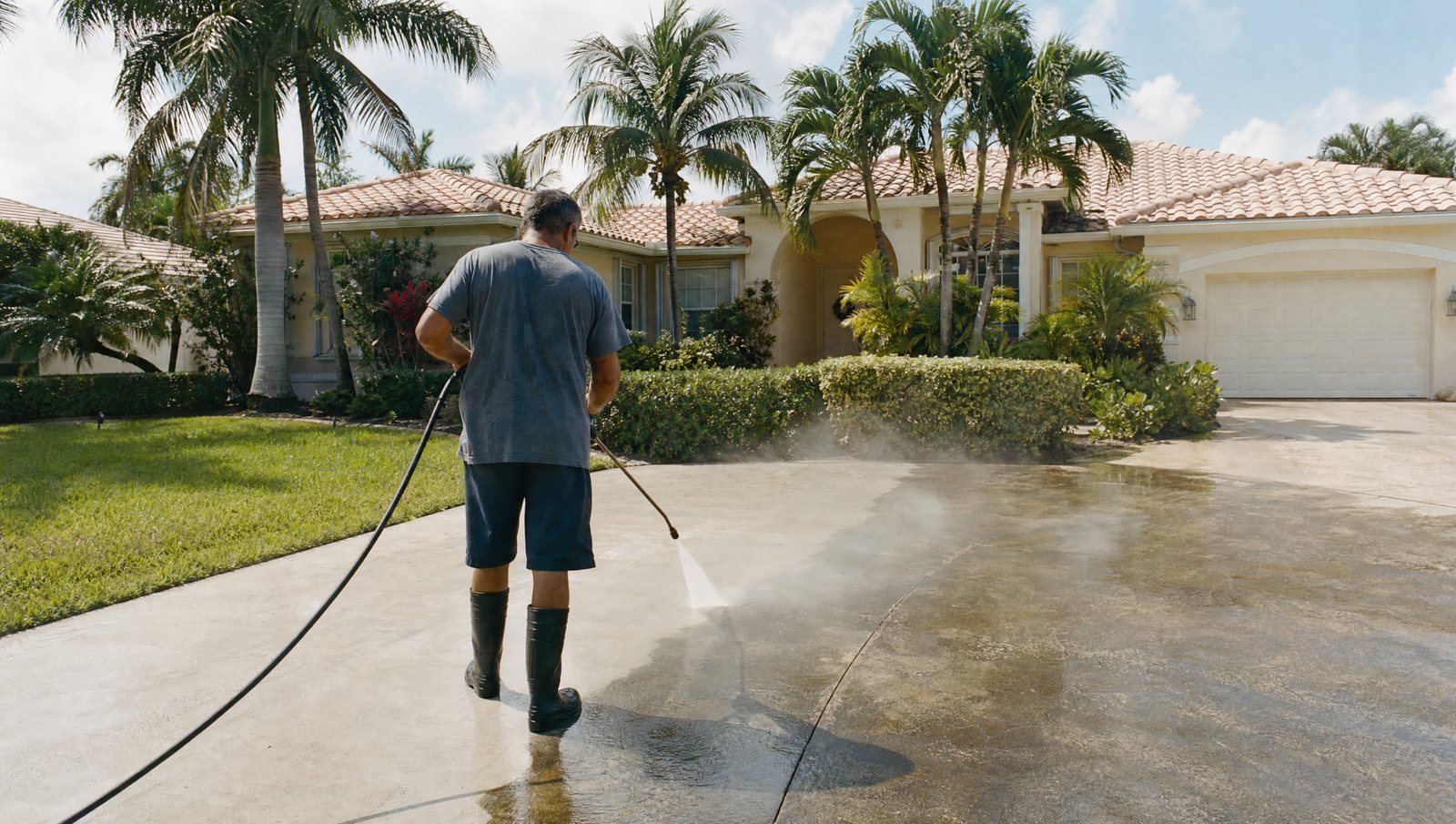 Worker pressure washing a concrete driveway in front of a South Florida home